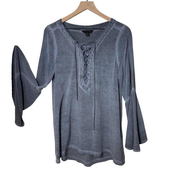 Rock & Republic Lace Up Bell Sleeve Top Gray Blouse Western Flutter Fall Boho - Picture 1 of 7